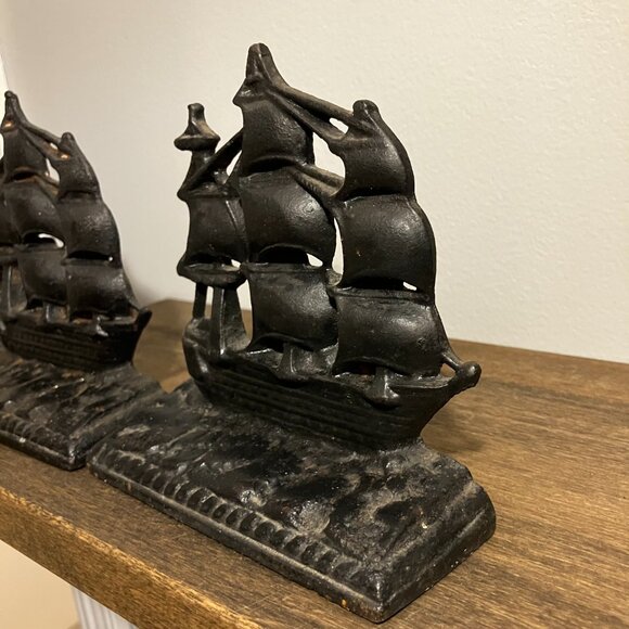 Vintage Nautical OLD IRONSIDES Cast Iron Ship Pair of Heavy Bookends - Picture 10 of 11
